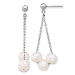 QE18156 Sterling Silver Rhodium-plated 6-7mm Semi-Round White Freshwater Cultured 3-Pearl and Chain Dangle Post Earrings