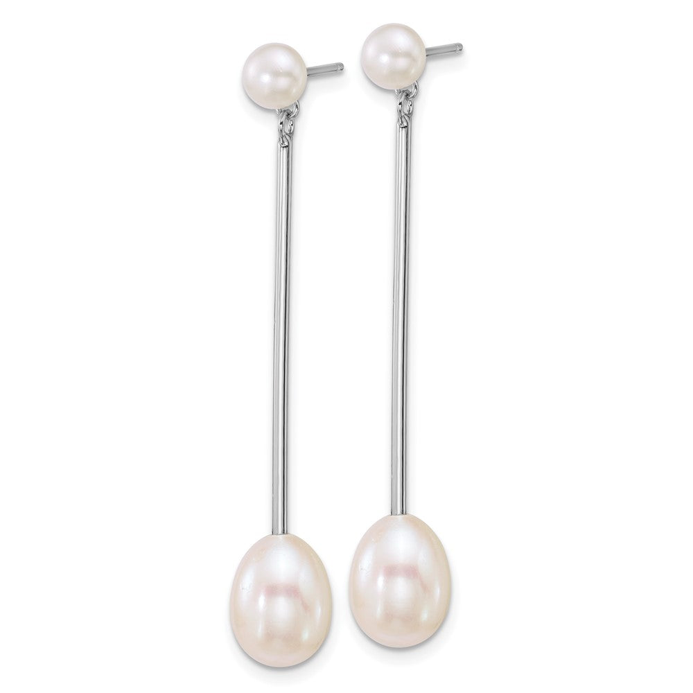 QE18157 Sterling Silver Rhodium-plated 5-6mm Button and 7-8mm Teardrop White Freshwater Cultured Pearl and Bar Dangle Post Earrings