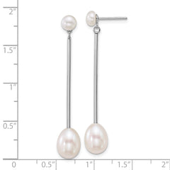 QE18157 Sterling Silver Rhodium-plated 5-6mm Button and 7-8mm Teardrop White Freshwater Cultured Pearl and Bar Dangle Post Earrings