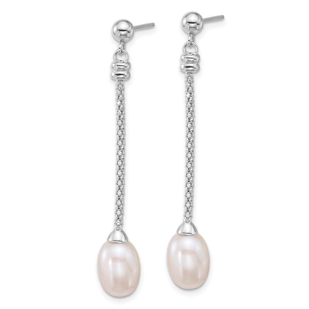 QE18158 Sterling Silver Rhodium-plated 7-8mm Rice White Freshwater Cultured Pearl and Chain Dangle Post Earrings