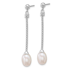 QE18158 Sterling Silver Rhodium-plated 7-8mm Rice White Freshwater Cultured Pearl and Chain Dangle Post Earrings