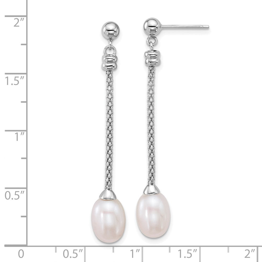 QE18158 Sterling Silver Rhodium-plated 7-8mm Rice White Freshwater Cultured Pearl and Chain Dangle Post Earrings