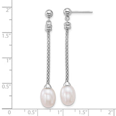 QE18158 Sterling Silver Rhodium-plated 7-8mm Rice White Freshwater Cultured Pearl and Chain Dangle Post Earrings