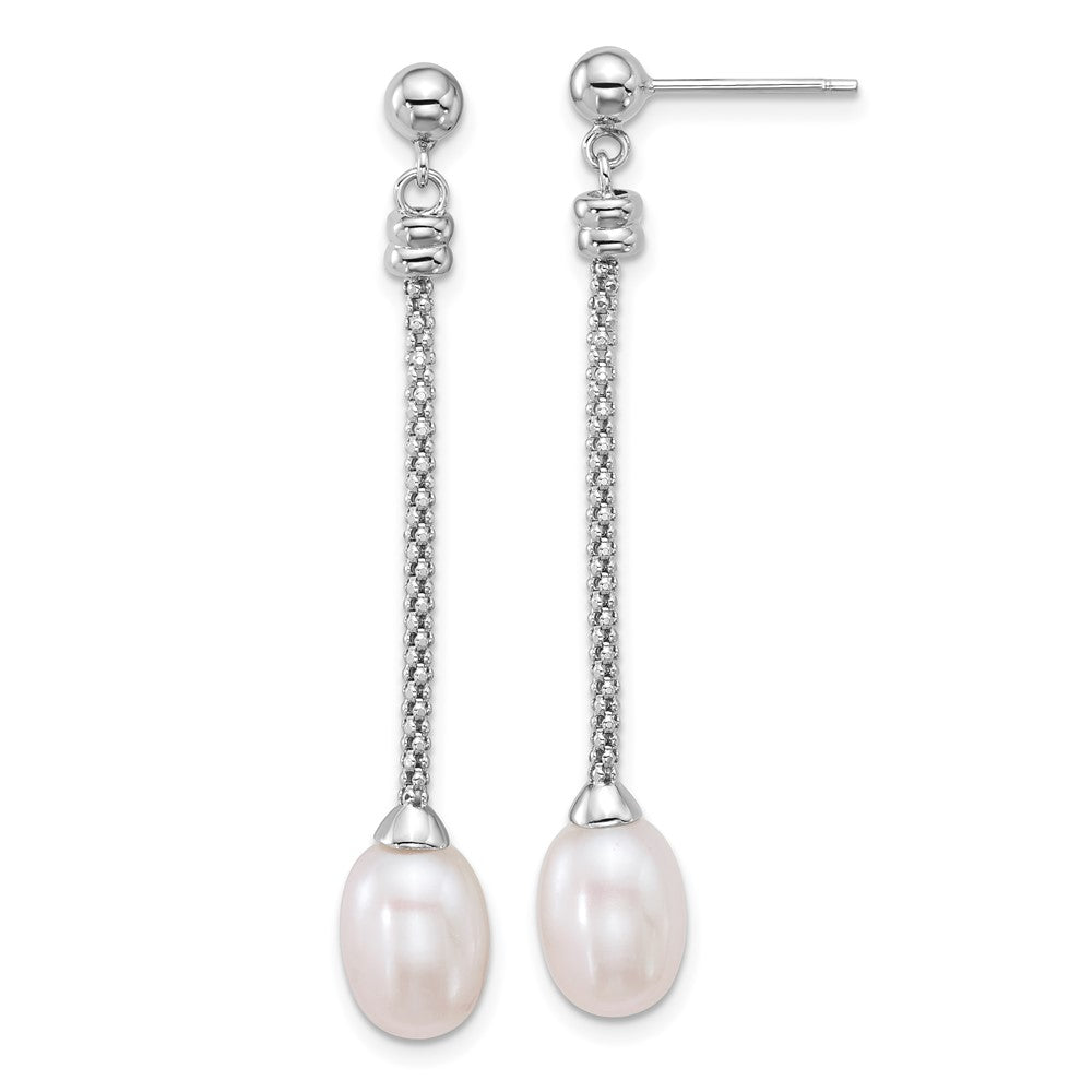 QE18158 Sterling Silver Rhodium-plated 7-8mm Rice White Freshwater Cultured Pearl and Chain Dangle Post Earrings