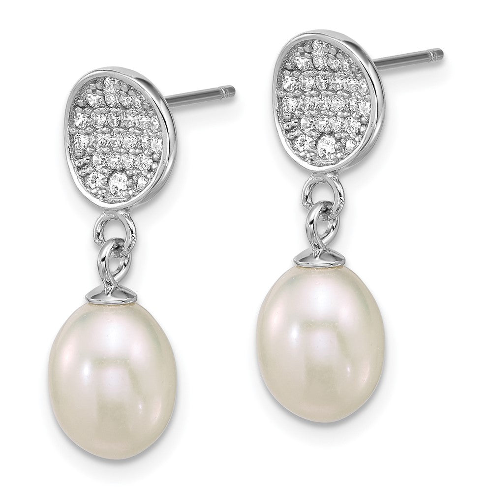QE18159 Sterling Silver Rhodium-plated 6-8mm Teardrop White Freshwater Cultured Pearl and Pave CZ Dangle Post Earrings