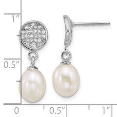 QE18159 Sterling Silver Rhodium-plated 6-8mm Teardrop White Freshwater Cultured Pearl and Pave CZ Dangle Post Earrings