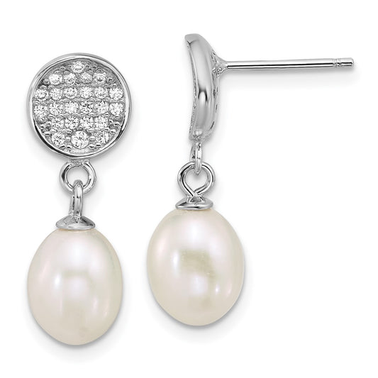 QE18159 Sterling Silver Rhodium-plated 6-8mm Teardrop White Freshwater Cultured Pearl and Pave CZ Dangle Post Earrings