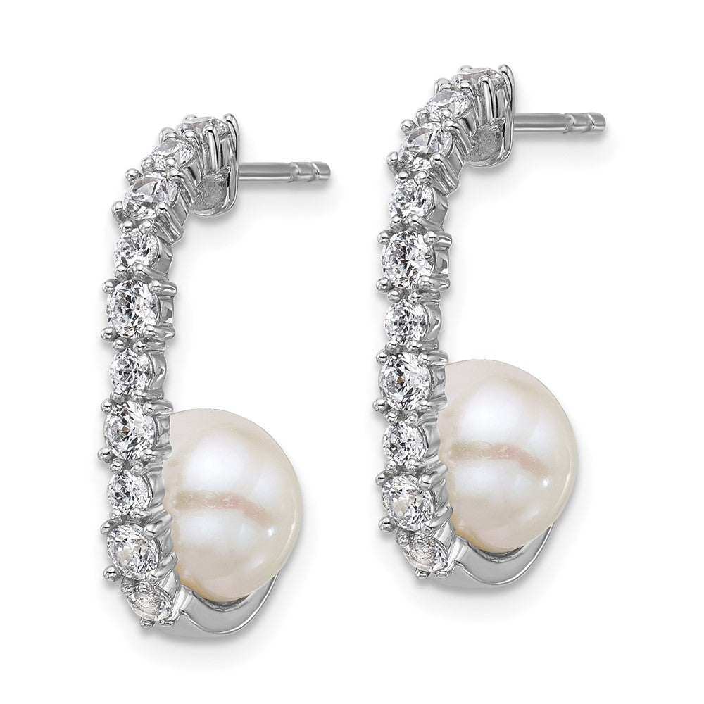 QE18160 Sterling Silver Rhodium-plated Polished CZ and 7-8mm Round White Freshwater Cultured Pearl J-Hoop Post Earrings