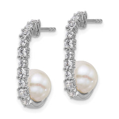 QE18160 Sterling Silver Rhodium-plated Polished CZ and 7-8mm Round White Freshwater Cultured Pearl J-Hoop Post Earrings