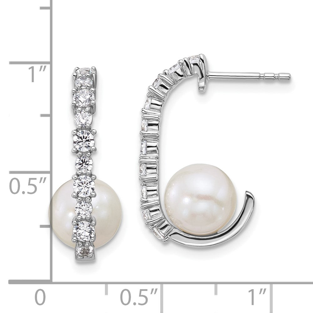 QE18160 Sterling Silver Rhodium-plated Polished CZ and 7-8mm Round White Freshwater Cultured Pearl J-Hoop Post Earrings
