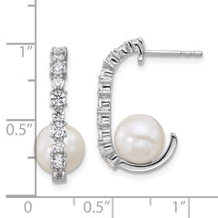 QE18160 Sterling Silver Rhodium-plated Polished CZ and 7-8mm Round White Freshwater Cultured Pearl J-Hoop Post Earrings