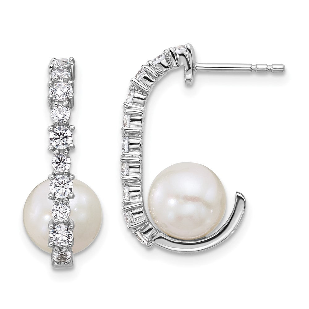 QE18160 Sterling Silver Rhodium-plated Polished CZ and 7-8mm Round White Freshwater Cultured Pearl J-Hoop Post Earrings