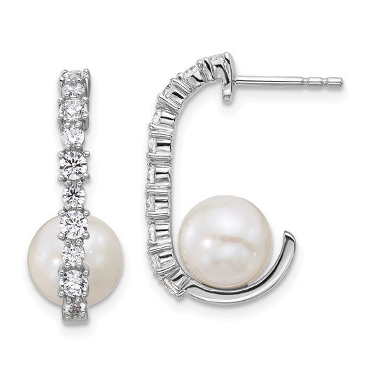 QE18160 Sterling Silver Rhodium-plated Polished CZ and 7-8mm Round White Freshwater Cultured Pearl J-Hoop Post Earrings