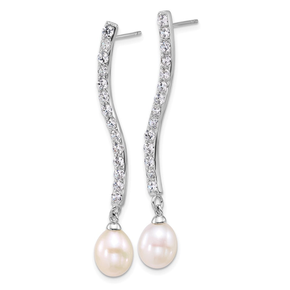 QE18162 Sterling Silver Rhodium-plated 7-8mm Teardrop White Freshwater Cultured Pearl and CZ Dangle Post Earrings