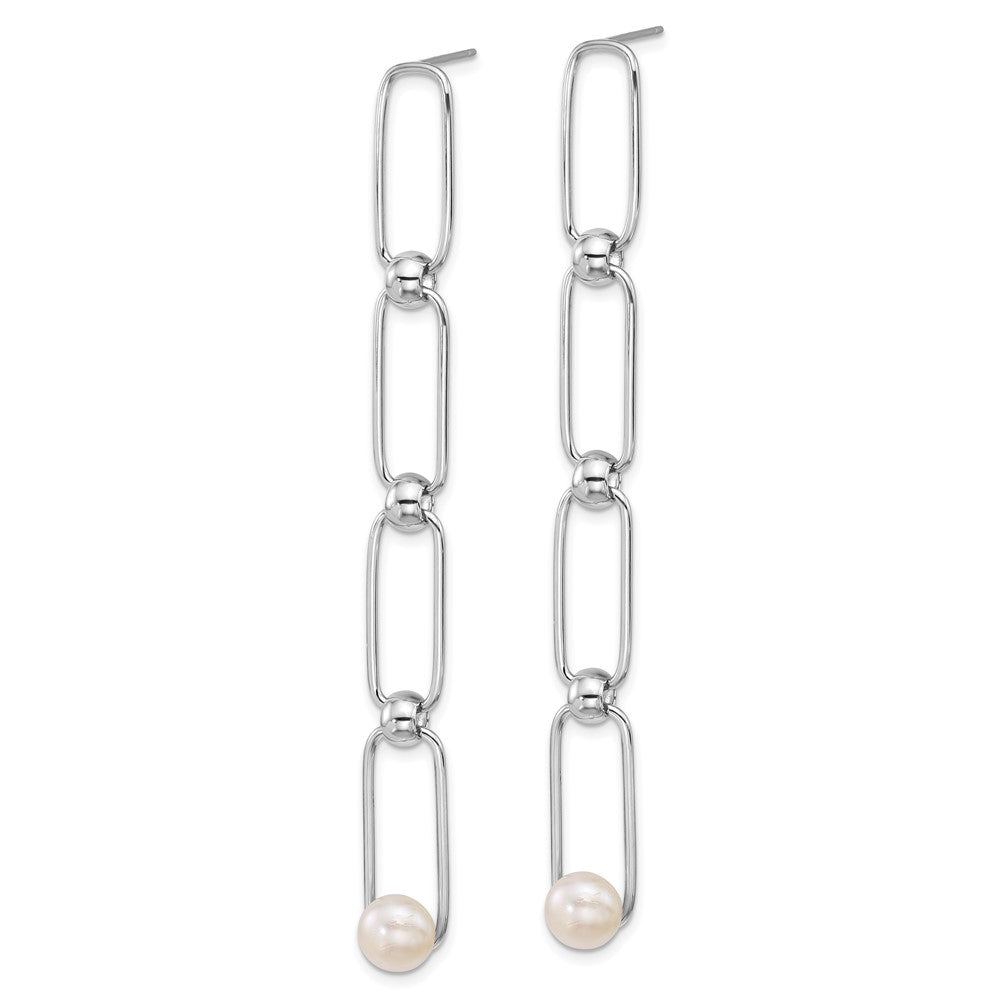 QE18163 Sterling Silver Rhodium-plated 6-7mm Button White Freshwater Cultured Pearl and Bead Long Link Dangle Post Earrings