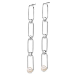 QE18163 Sterling Silver Rhodium-plated 6-7mm Button White Freshwater Cultured Pearl and Bead Long Link Dangle Post Earrings