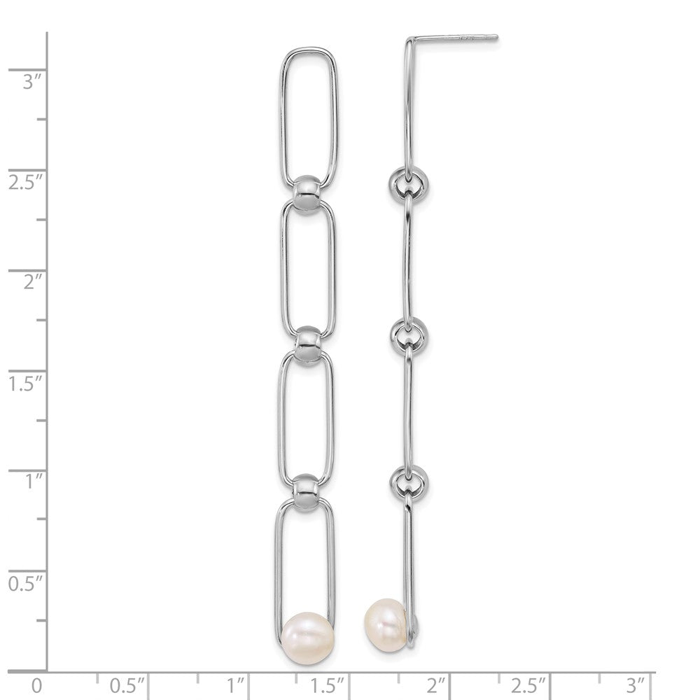 QE18163 Sterling Silver Rhodium-plated 6-7mm Button White Freshwater Cultured Pearl and Bead Long Link Dangle Post Earrings