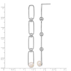 QE18163 Sterling Silver Rhodium-plated 6-7mm Button White Freshwater Cultured Pearl and Bead Long Link Dangle Post Earrings