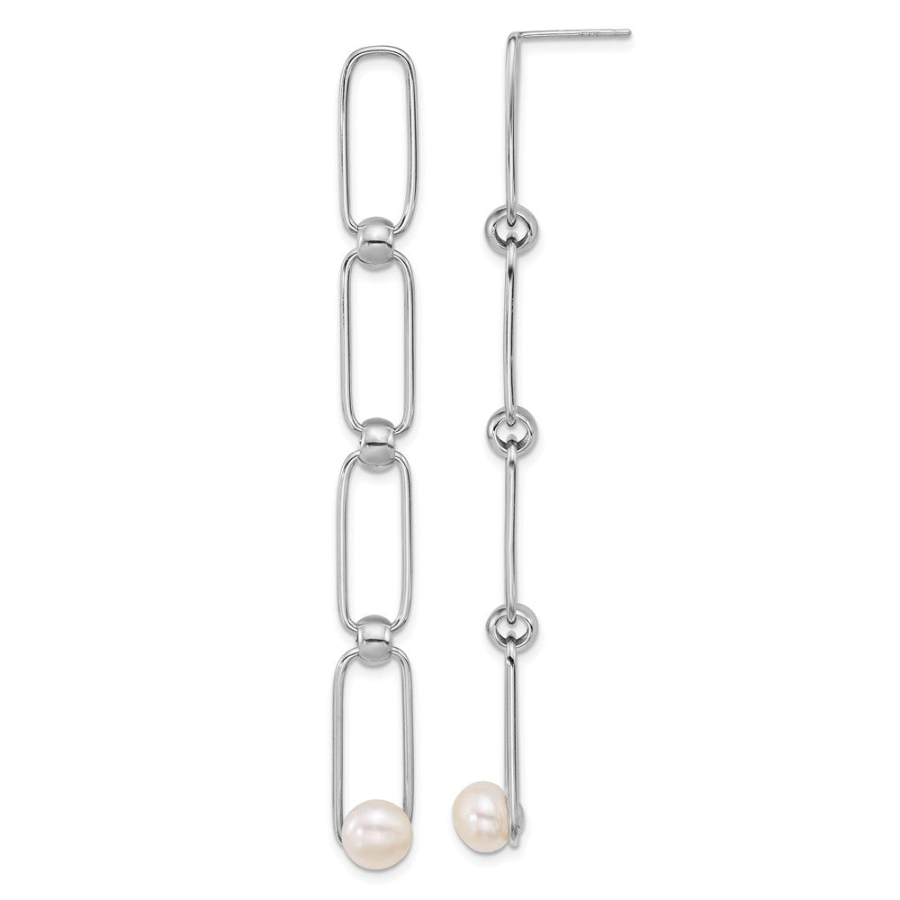 QE18163 Sterling Silver Rhodium-plated 6-7mm Button White Freshwater Cultured Pearl and Bead Long Link Dangle Post Earrings