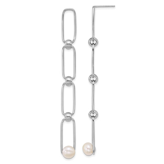 QE18163 Sterling Silver Rhodium-plated 6-7mm Button White Freshwater Cultured Pearl and Bead Long Link Dangle Post Earrings