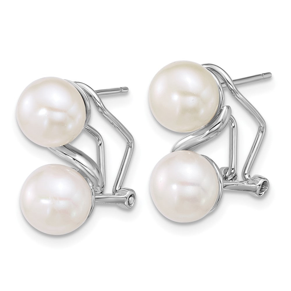QE18164 Sterling Silver Rhodium-plated 7-8mm Button White Freshwater Cultured 2-Pearl Omega Back Earrings