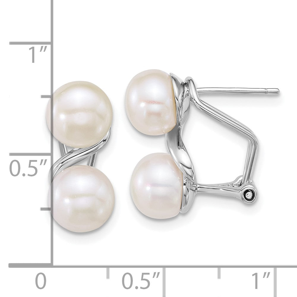 QE18164 Sterling Silver Rhodium-plated 7-8mm Button White Freshwater Cultured 2-Pearl Omega Back Earrings