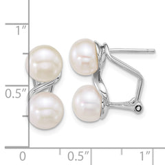 QE18164 Sterling Silver Rhodium-plated 7-8mm Button White Freshwater Cultured 2-Pearl Omega Back Earrings