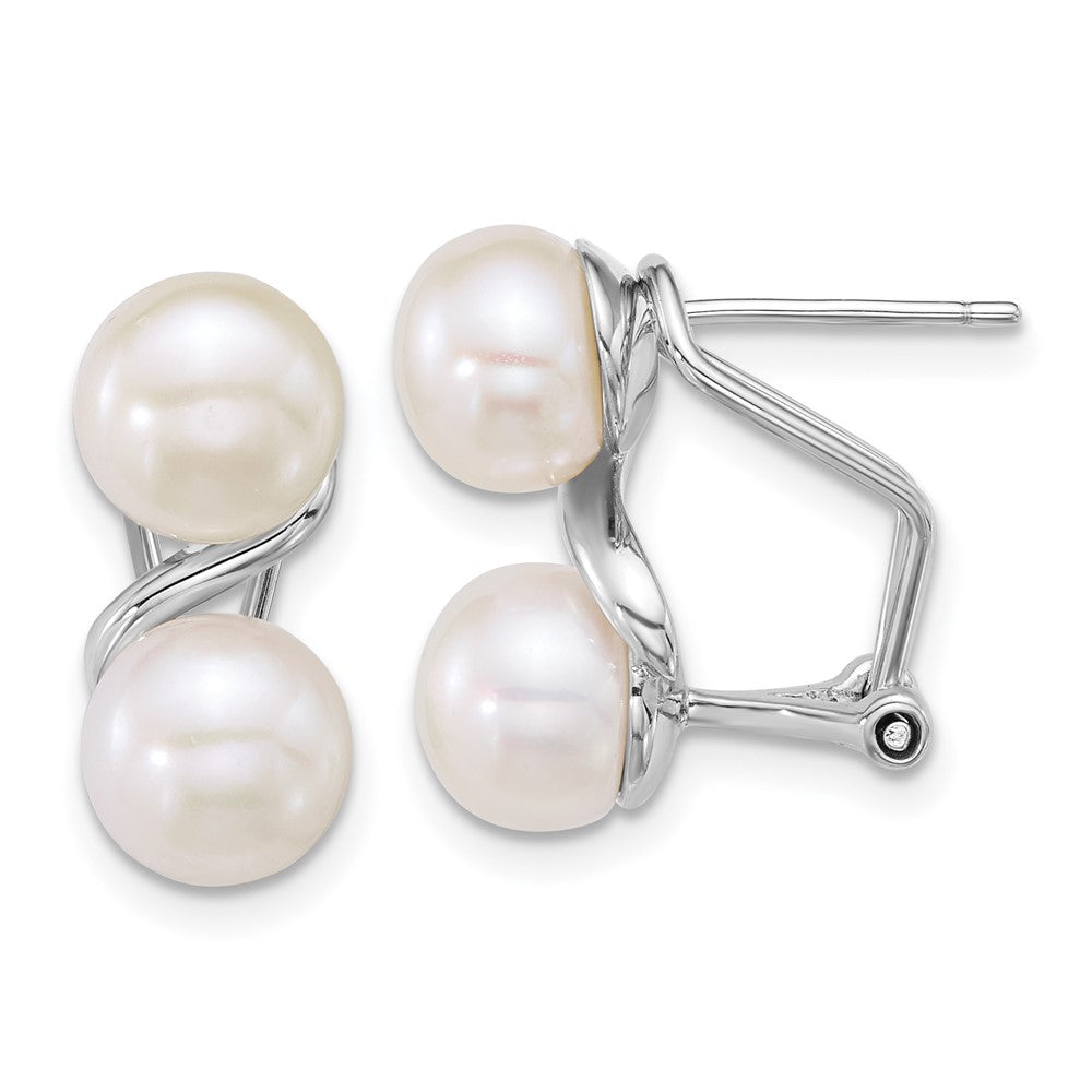QE18164 Sterling Silver Rhodium-plated 7-8mm Button White Freshwater Cultured 2-Pearl Omega Back Earrings