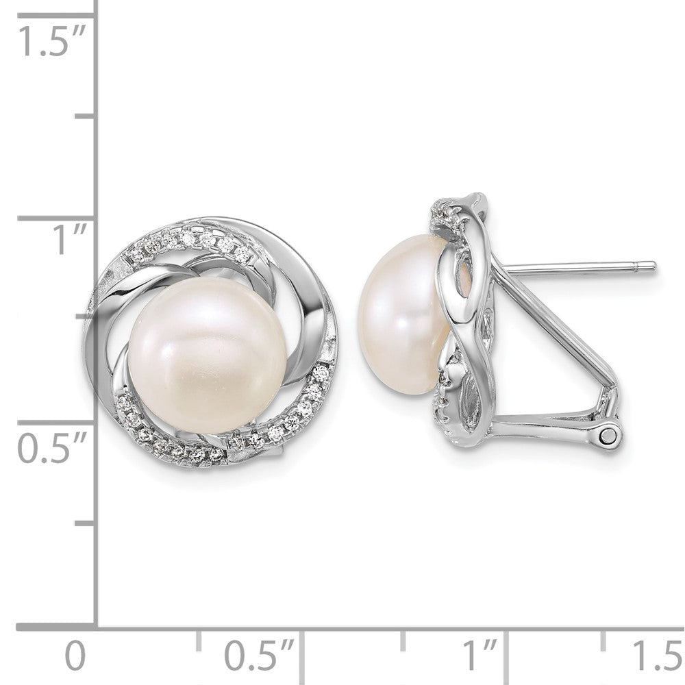 QE18165 Sterling Silver Rhodium-plated 9-10mm Button White Freshwater Cultured Pearl and CZ Omega Back Earrings