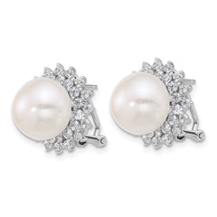 QE18166 Sterling Silver Rhodium-plated 11-12mm Button White Freshwater Cultured Pearl and CZ Halo Omega Back Earrings
