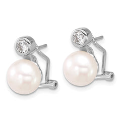 QE18167 Sterling Silver Rhodium-plated 8-9mm Button White Freshwater Cultured Pearl and CZ Omega Back Earrings