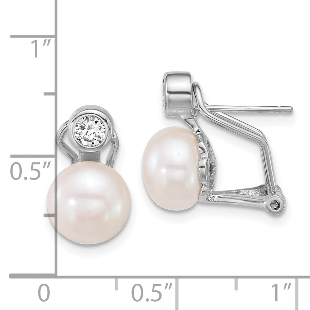 QE18167 Sterling Silver Rhodium-plated 8-9mm Button White Freshwater Cultured Pearl and CZ Omega Back Earrings