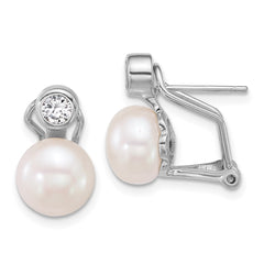 QE18167 Sterling Silver Rhodium-plated 8-9mm Button White Freshwater Cultured Pearl and CZ Omega Back Earrings