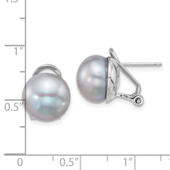 QE18168 Sterling Silver Rhodium-plated 11-12mm Button Grey Freshwater Cultured Pearl Omega Back Earrings