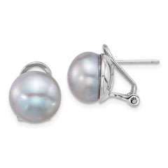 QE18168 Sterling Silver Rhodium-plated 11-12mm Button Grey Freshwater Cultured Pearl Omega Back Earrings