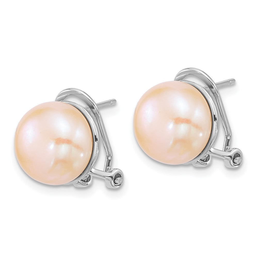 QE18169 Sterling Silver Rhodium-plated 11-12mm Button Pink Freshwater Cultured Pearl Omega Back Earrings