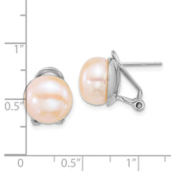 QE18169 Sterling Silver Rhodium-plated 11-12mm Button Pink Freshwater Cultured Pearl Omega Back Earrings