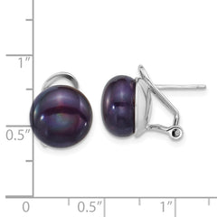 QE18170 Sterling Silver Rhodium-plated 11-12mm Button Black Freshwater Cultured Pearl Omega Back Earrings