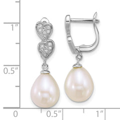 QE18171 Sterling Silver Rhodium-plated 7-9mm Teardrop White Freshwater Cultured Pearl and CZ Hearts Dangle Earrings
