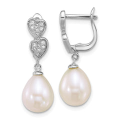 QE18171 Sterling Silver Rhodium-plated 7-9mm Teardrop White Freshwater Cultured Pearl and CZ Hearts Dangle Earrings