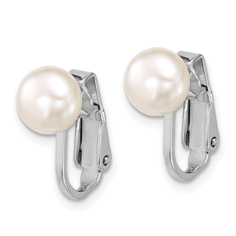 QE18173 Sterling Silver Rhodium-plated 7-8mm Button White Freshwater Cultured Pearl Non-Pierced Earrings