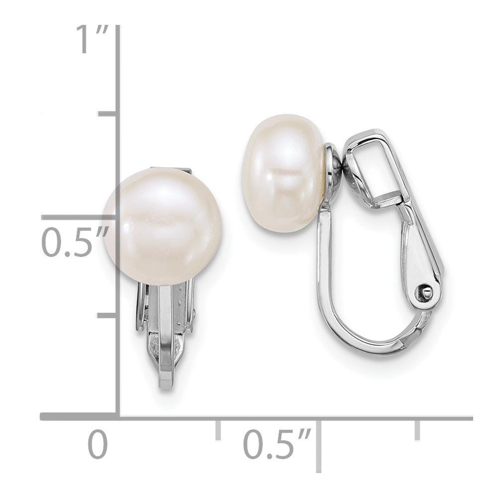 QE18173 Sterling Silver Rhodium-plated 7-8mm Button White Freshwater Cultured Pearl Non-Pierced Earrings
