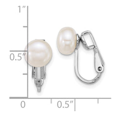 QE18173 Sterling Silver Rhodium-plated 7-8mm Button White Freshwater Cultured Pearl Non-Pierced Earrings