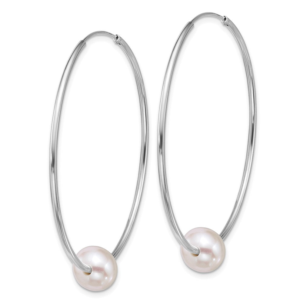 QE18174 Sterling Silver Rhodium-plated 8-9mm Semi-Round White Freshwater Cultured Pearl 50mm Endless Hoop Earrings