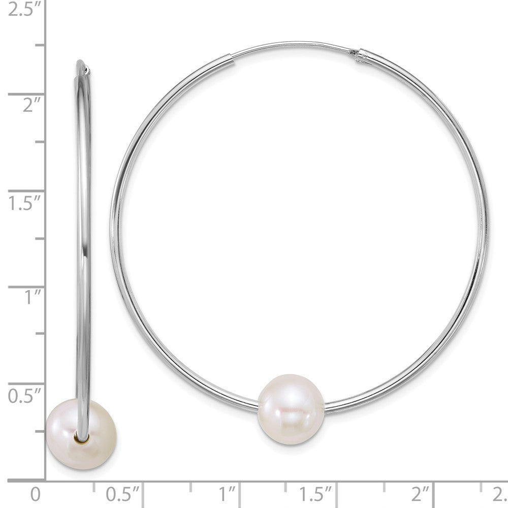 QE18174 Sterling Silver Rhodium-plated 8-9mm Semi-Round White Freshwater Cultured Pearl 50mm Endless Hoop Earrings