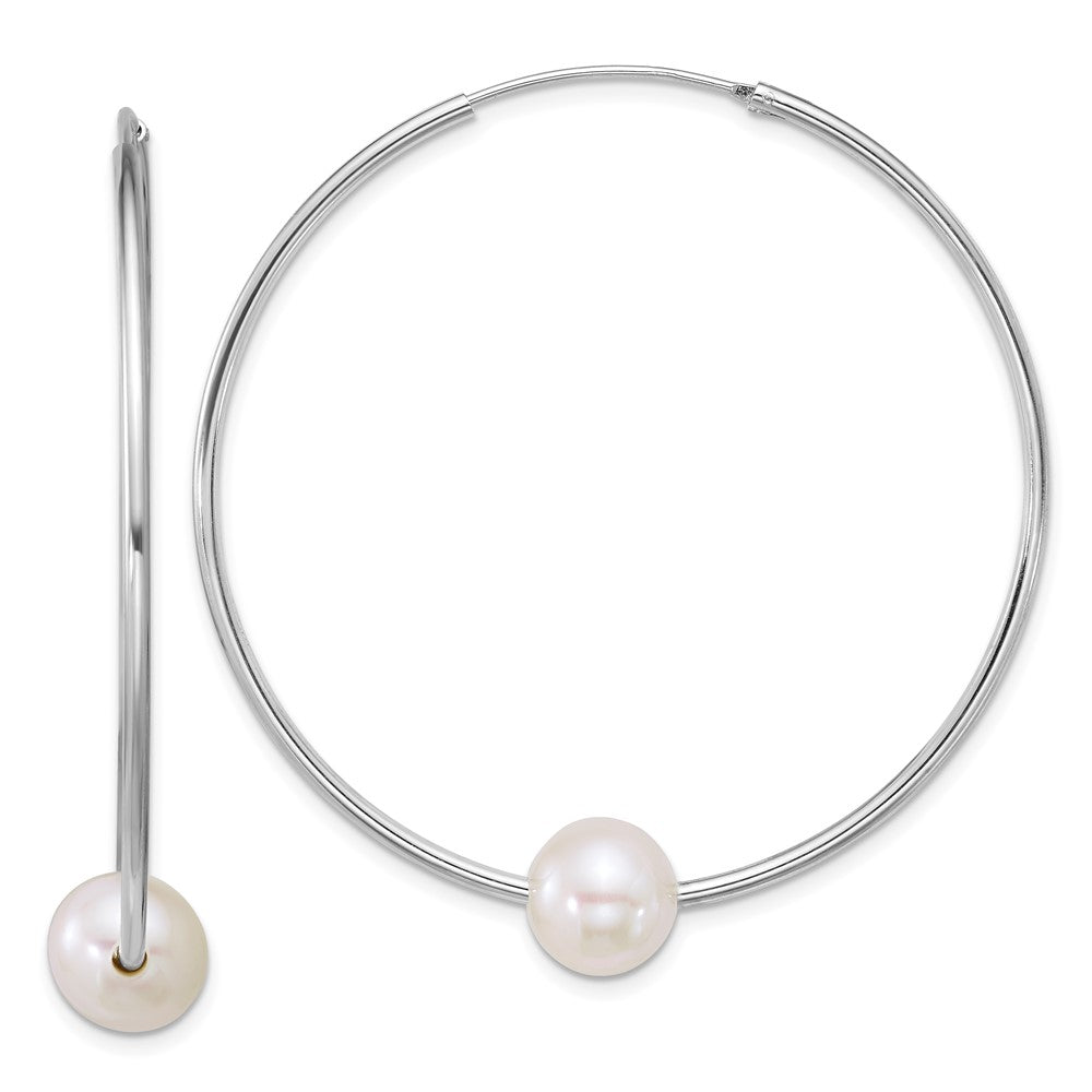 QE18174 Sterling Silver Rhodium-plated 8-9mm Semi-Round White Freshwater Cultured Pearl 50mm Endless Hoop Earrings