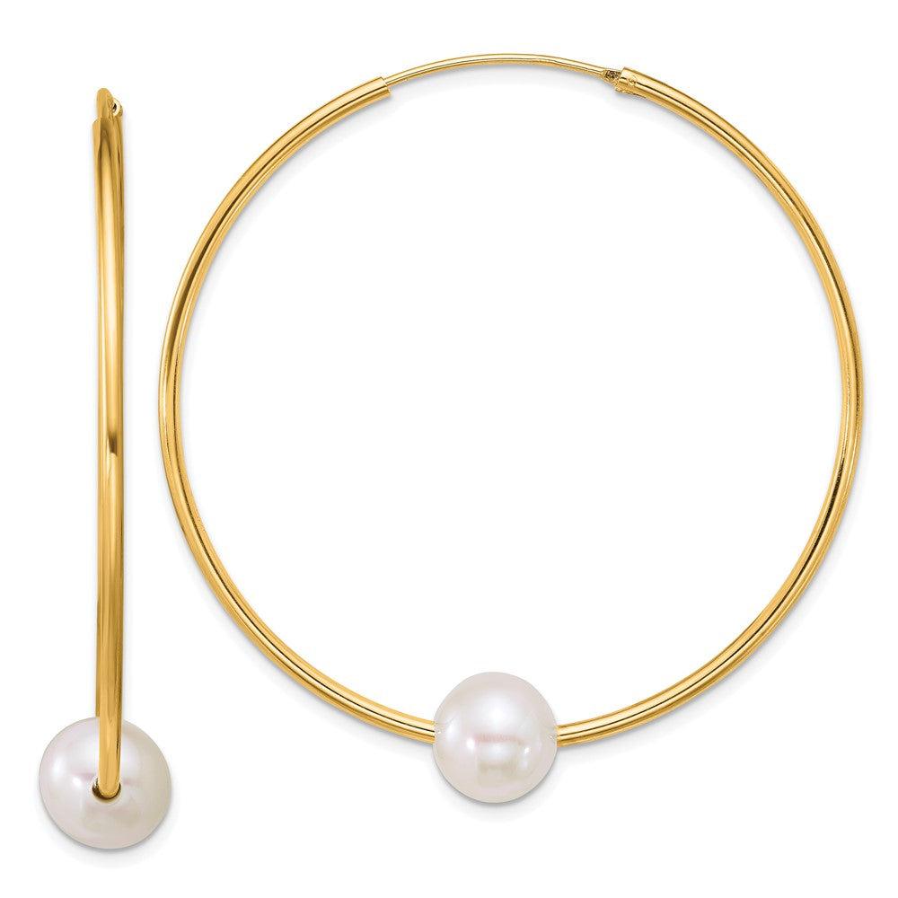 QE18174GP Sterling Silver Gold-plated 8-9mm Semi-Round White Freshwater Cultured Pearl 50mm Endless Hoop Earrings