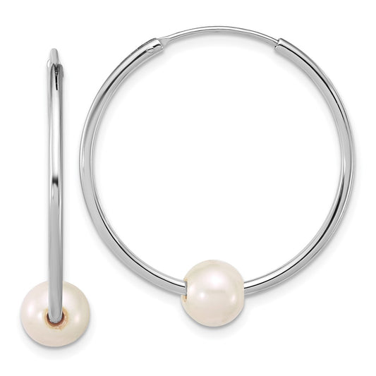 QE18176 Sterling Silver Rhodium-plated 7-8mm Semi-Round White Freshwater Cultured Pearl 32mm Endless Hoop Earrings