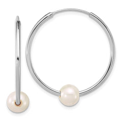QE18176 Sterling Silver Rhodium-plated 7-8mm Semi-Round White Freshwater Cultured Pearl 32mm Endless Hoop Earrings
