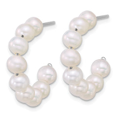 QE18177 Sterling Silver Rhodium-plated 5-6mm Semi-Round White Freshwater Cultured Pearl C-Hoop Post Earrings